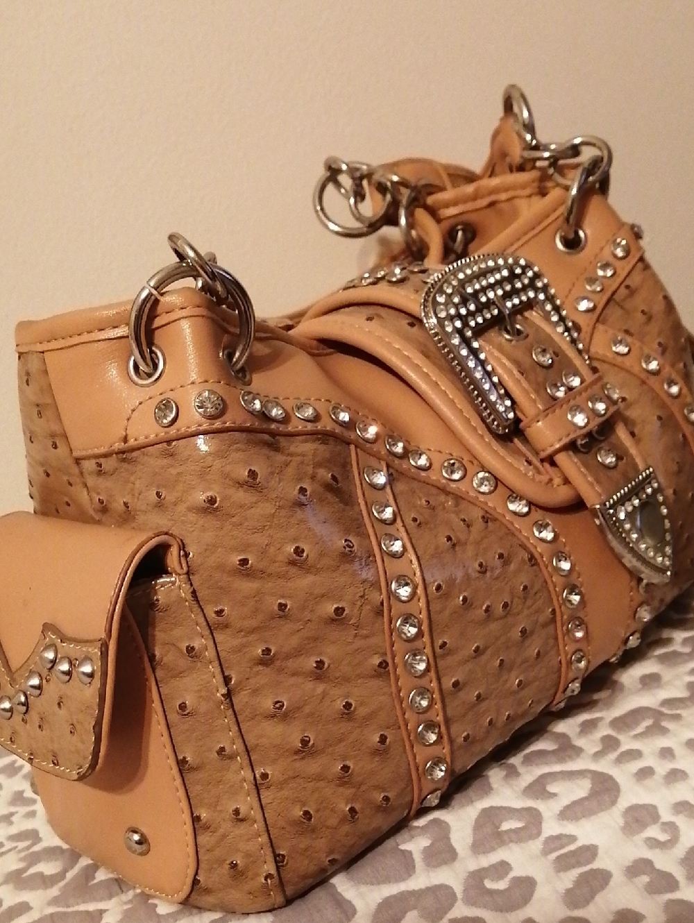Silverake Ostrich Embossed Vegan Leather With Sparkling Crystals ShoulderBag - Picture 4 of 13